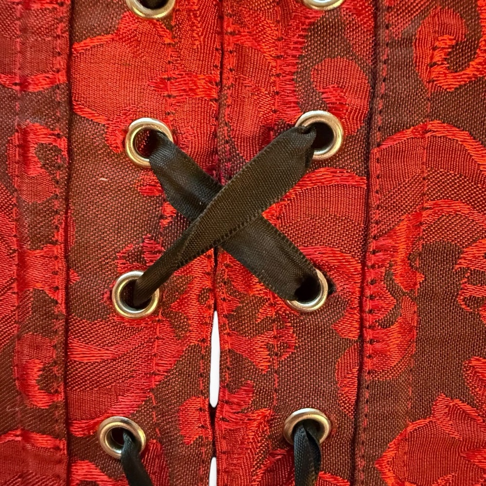 Red Brocade Strapless Corset Bustier with Ribbon Trim - Picture 8 of 11